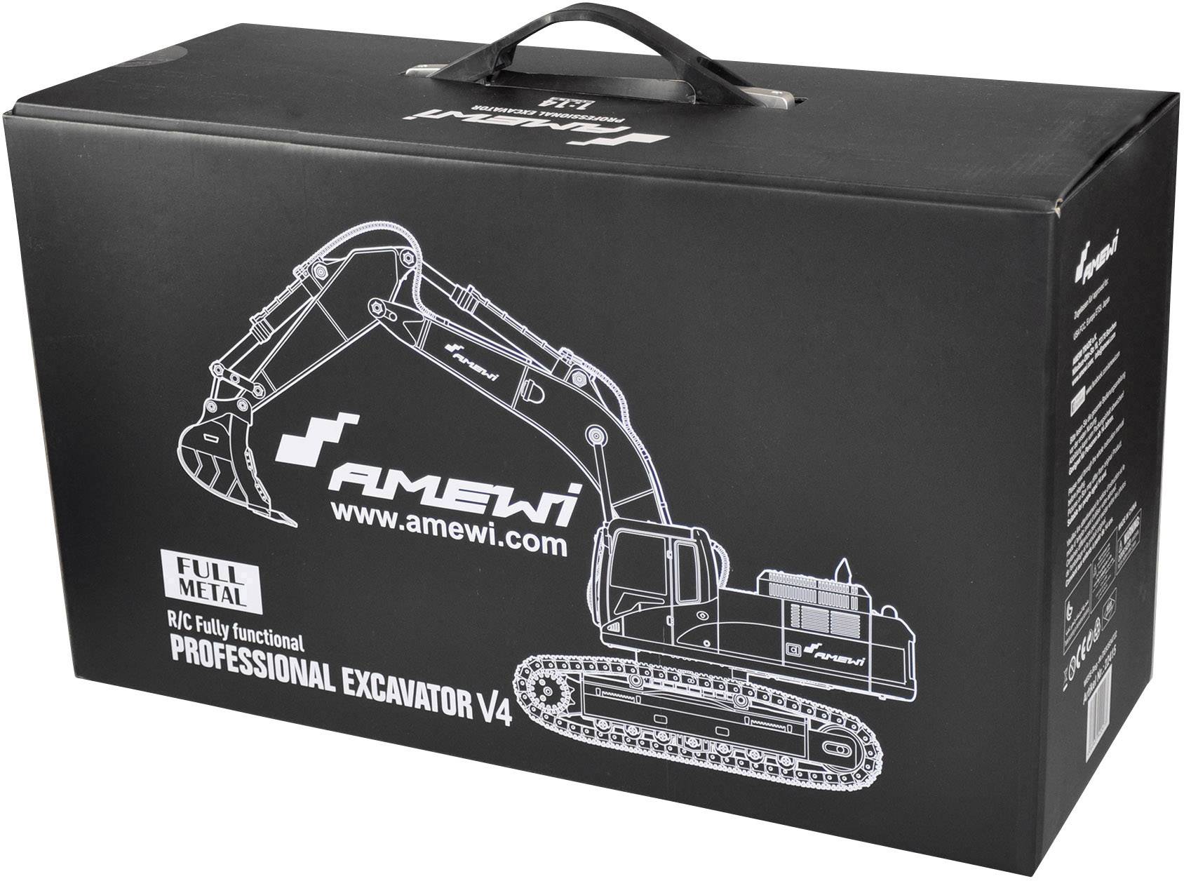 Černý karton s bílou kresbou dálkově ovládaného bagru s nápisem 'AMEWI'. Popis produktu a název modelu: 'Professional Excavator V4'.