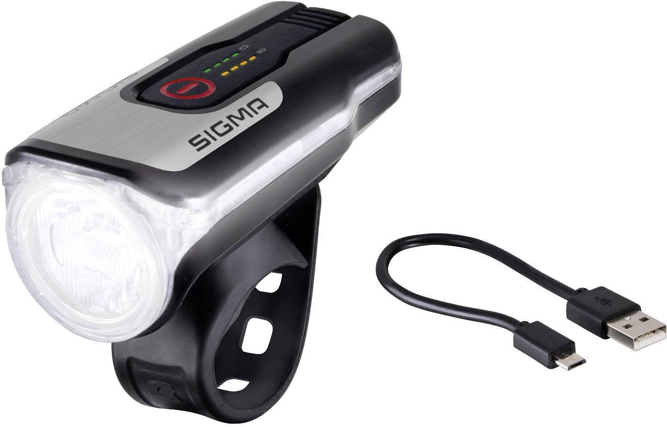 Cyklistické světlo s USB nabíjecím kabelem; světlo je vybaveno vypínačem a nabíjecím indikátorem s pěti LED diodami, které zobrazují stav nabití.