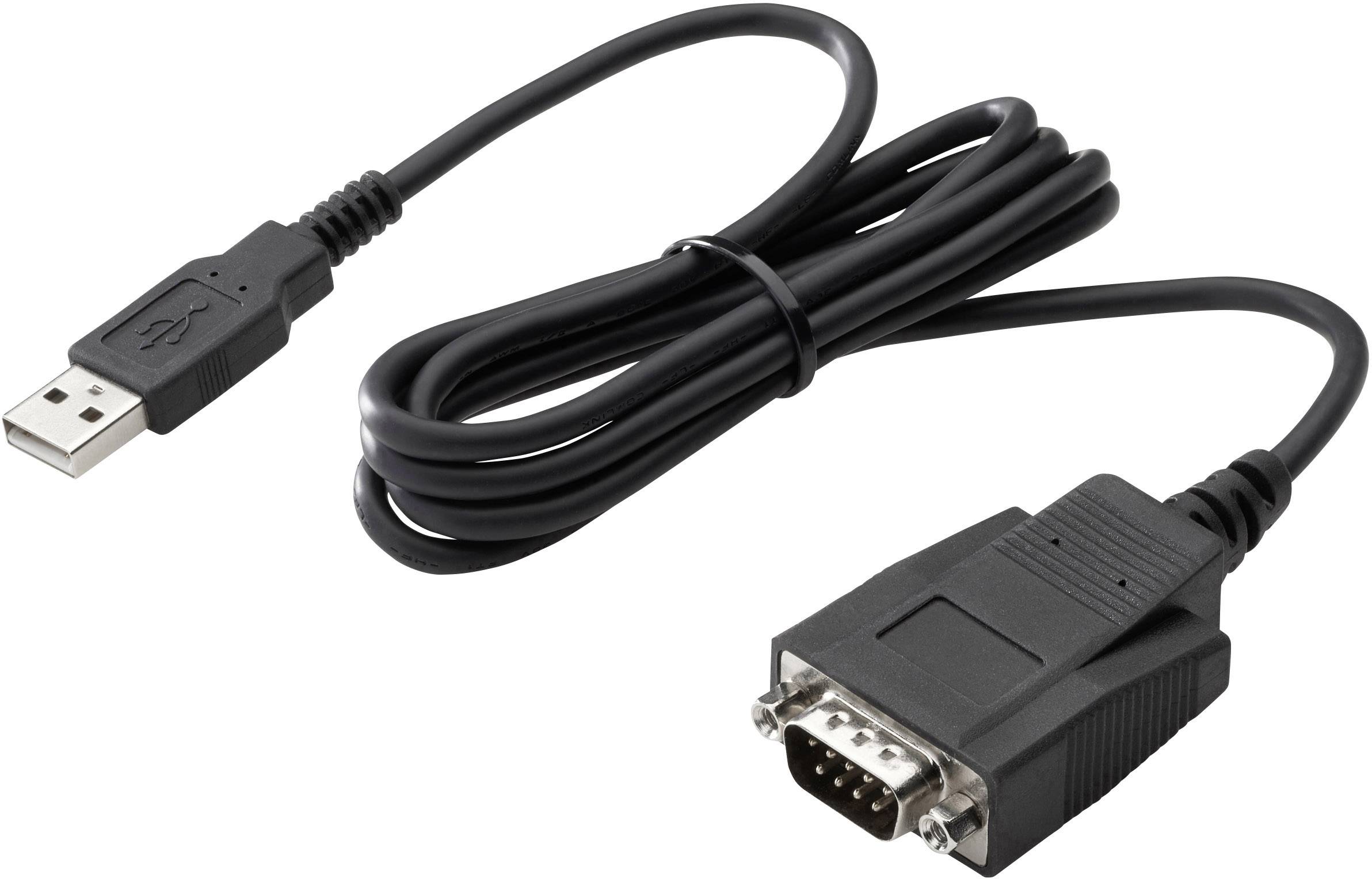 Černý kabel s USB konektorem na jedné straně a 9-pinovým sériovým konektorem na straně druhé.