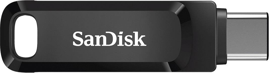 Černý USB flash disk značky SanDisk, kompatibilní s USB-C porty, určený pro přenos a ukládání dat.