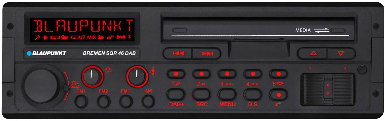 Stereosystém Blaupunkt s rádiem, CD přehrávačem a funkcí DAB. Tlačítka jsou osvětlena červeně. Model: Bremen SQR 46 DAB.