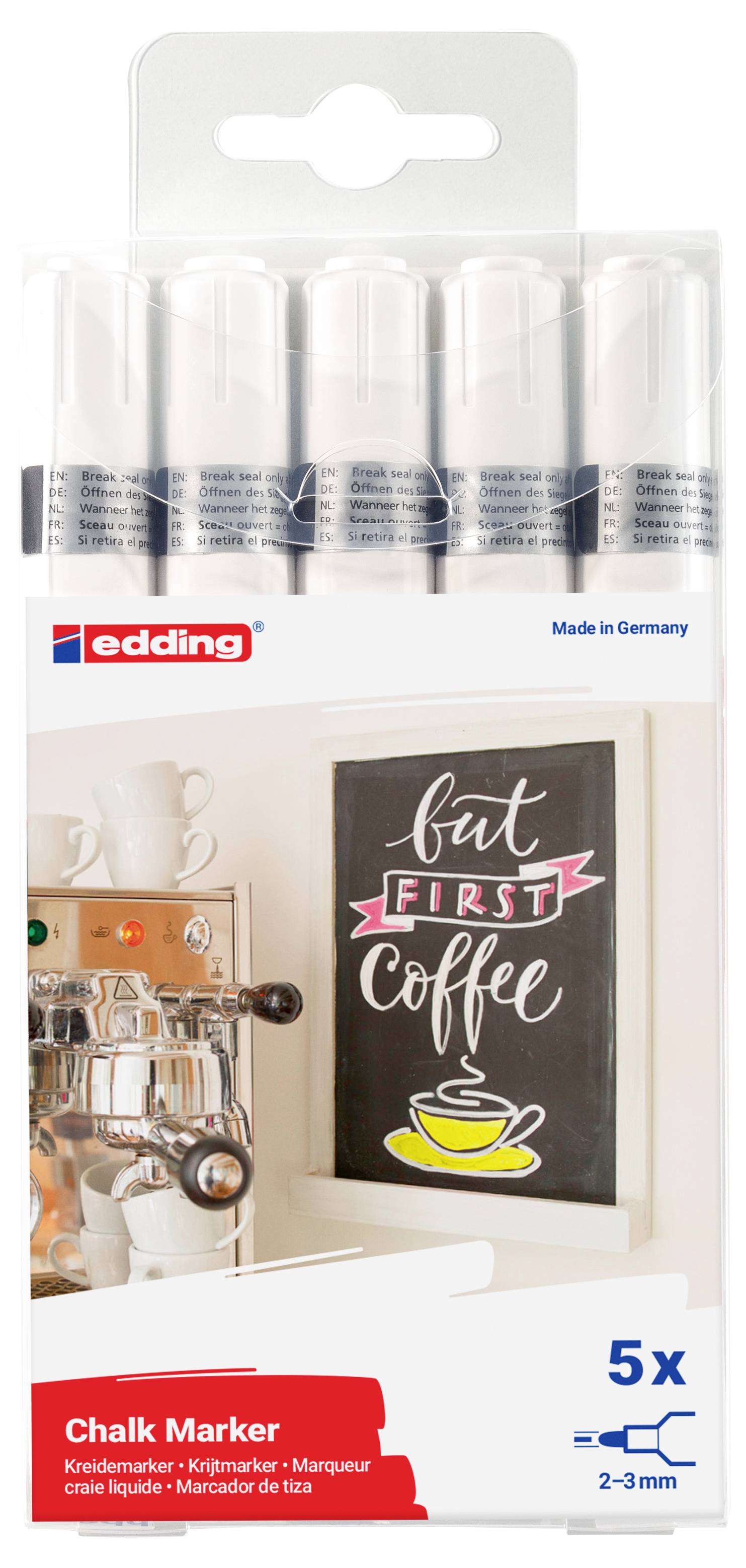 Balení značkovacích křídových tužek Edding, 5-balení, hrot 2–3 mm, zobrazující design tabulky na kávu s motivem kávovny a espresso strojem.