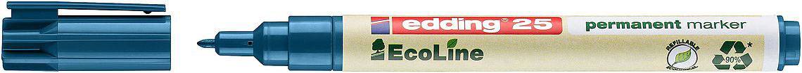 Modrý popisovač Edding 25 Ecoline s odejmutou čepičkou, symbol recyklace, vhodný pro šetrné psaní k životnímu prostředí.