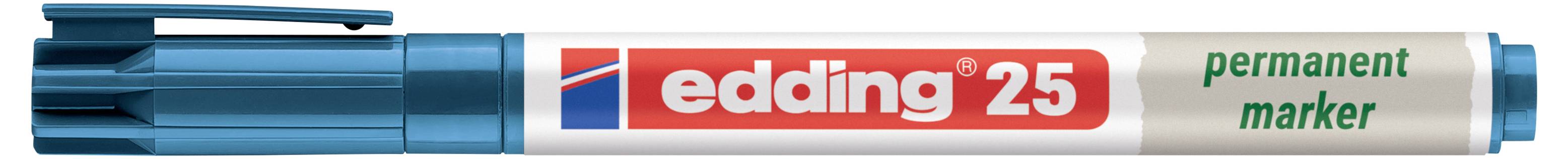 Modrý trvale značkovací fix Edding 25 zobrazen vodorovně, s viditelným názvem značky a číslem produktu na těle fixy.