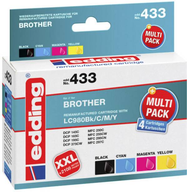 Edding Ink náhradní Brother LC-980BK, LC-980C, LC-980M, LC-980Y kompatibilní kombinované balení barva EDD-433 18-433
