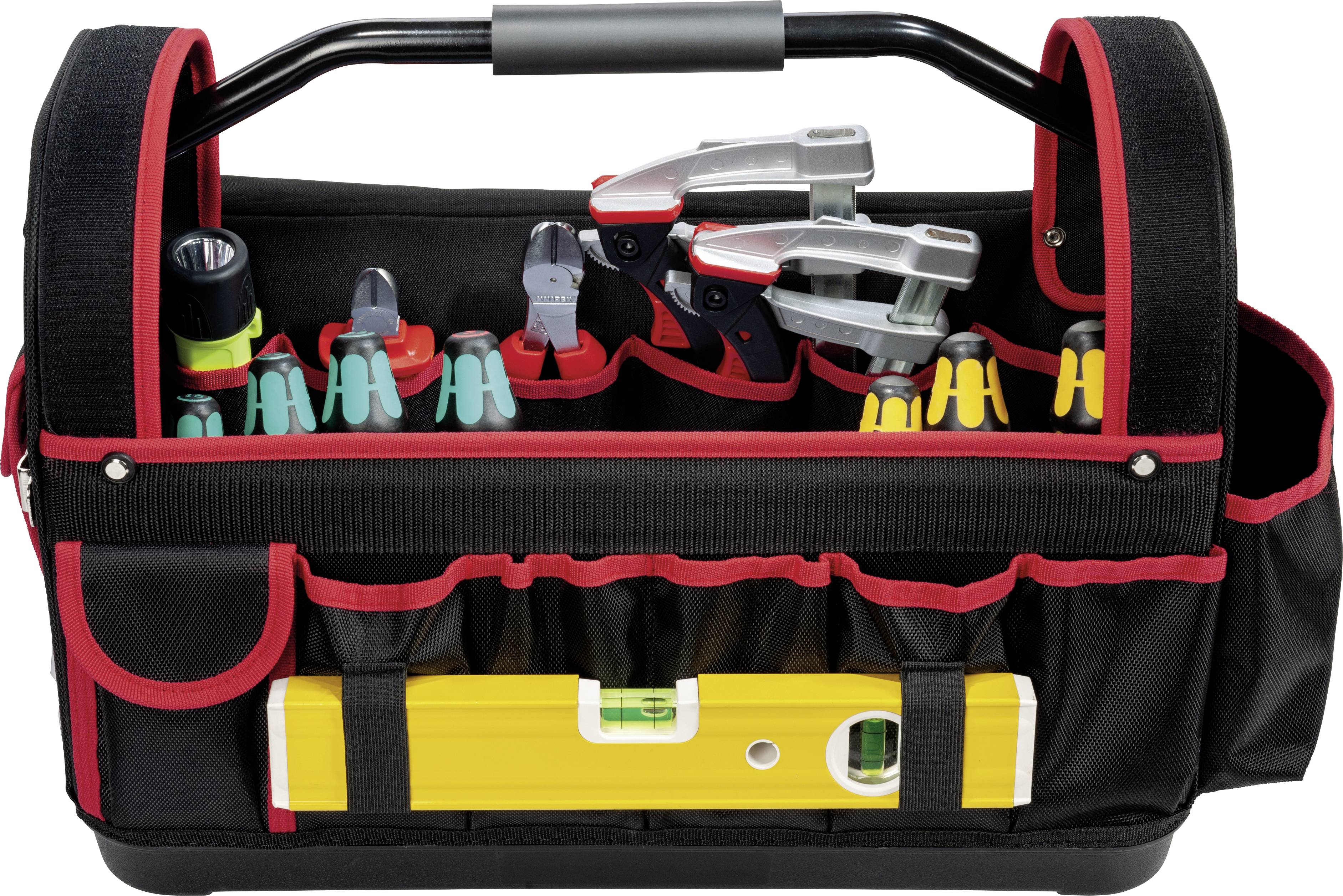 Otevřená brašna na nářadí s několika ručními nástroji, včetně kleští a měřicího nástroje, je pečlivě uspořádána.