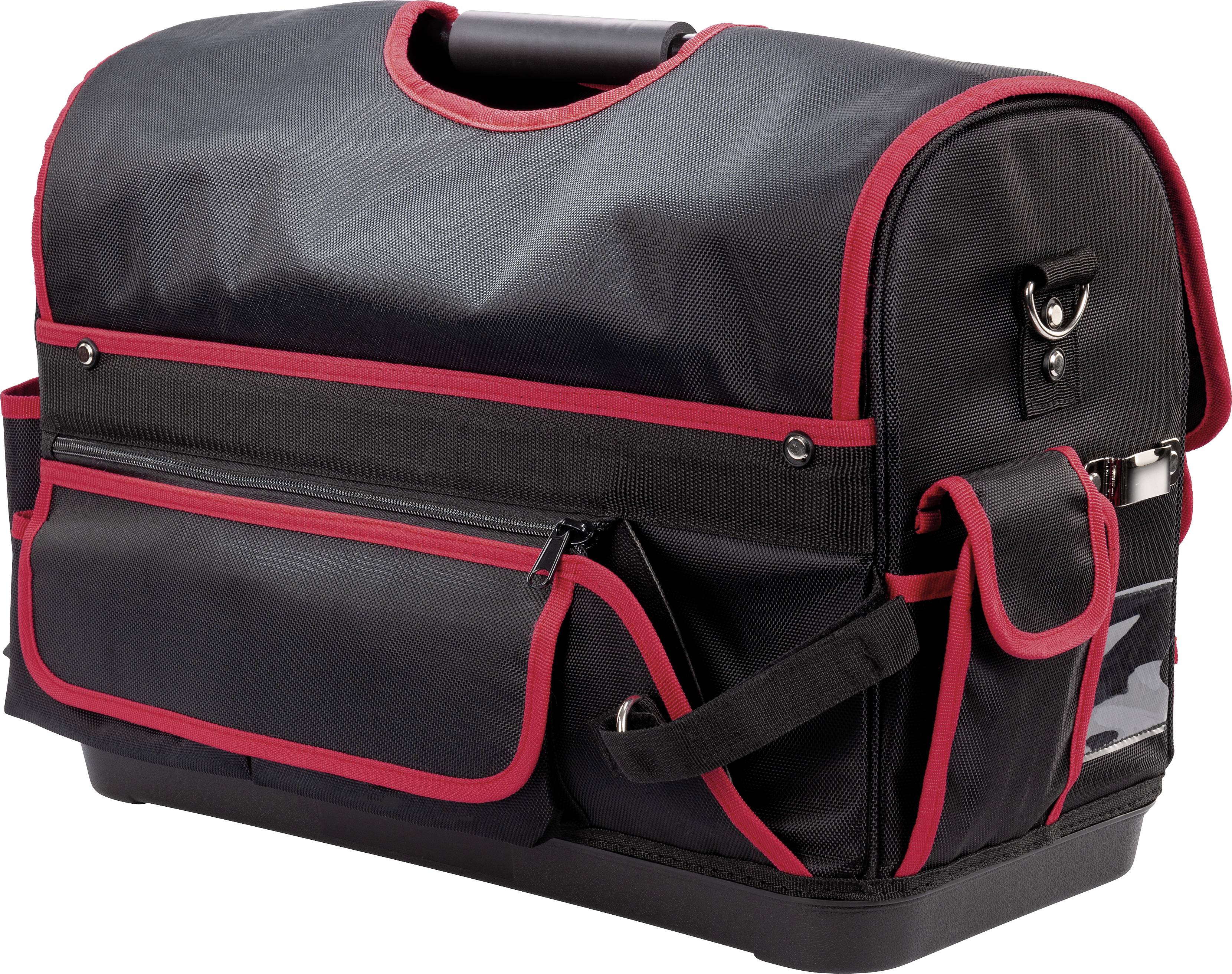 Černá brašna na nářadí s červenými akcenty a několika kapsami, určená pro uskladnění a organizaci nářadí.