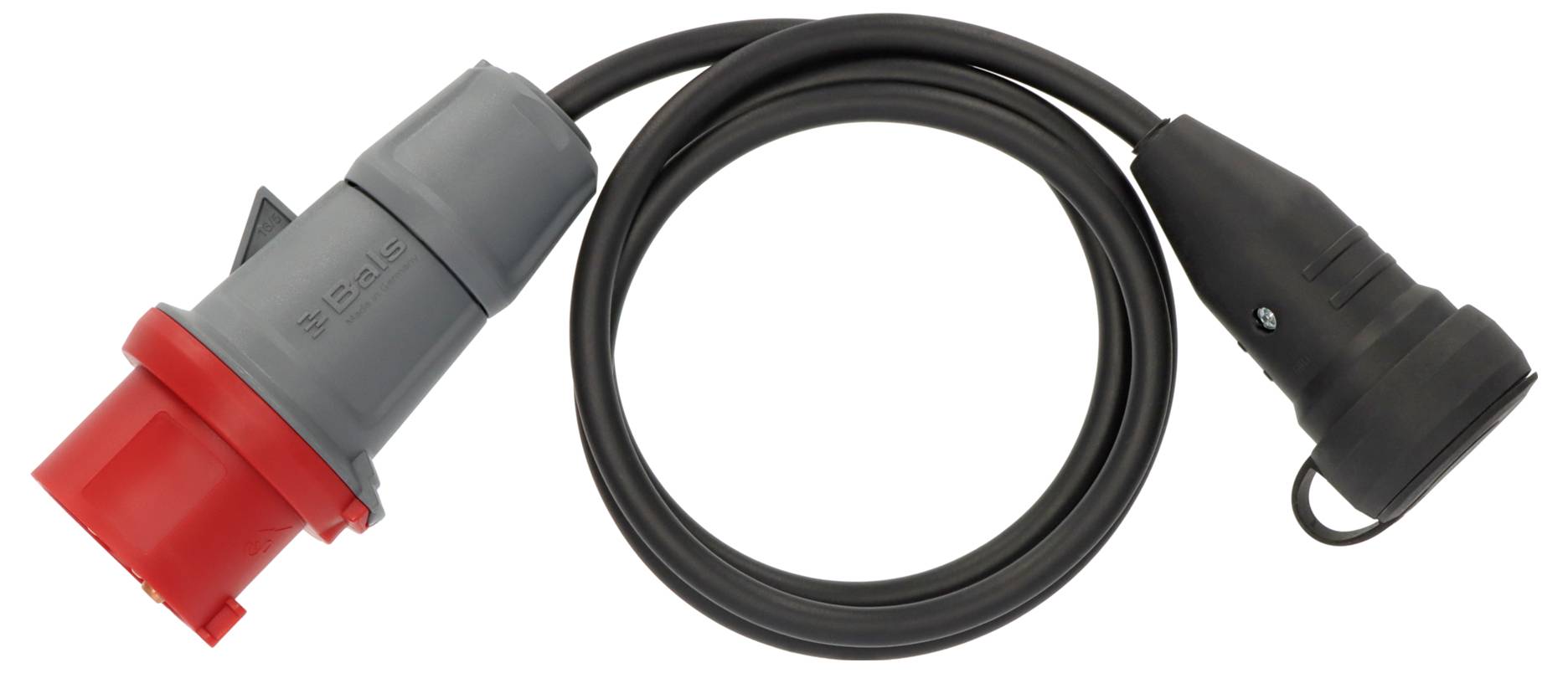 Elektrický kabel s červeno-šedou zástrčkou na jedné straně a černou zástrčkou na straně druhé.