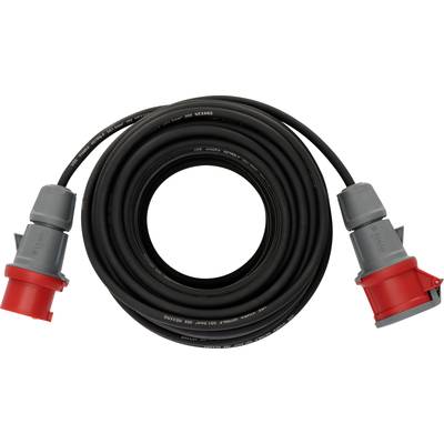 Vinutý černý silový kabel s červenými a šedými průmyslovými konektory na obou koncích.