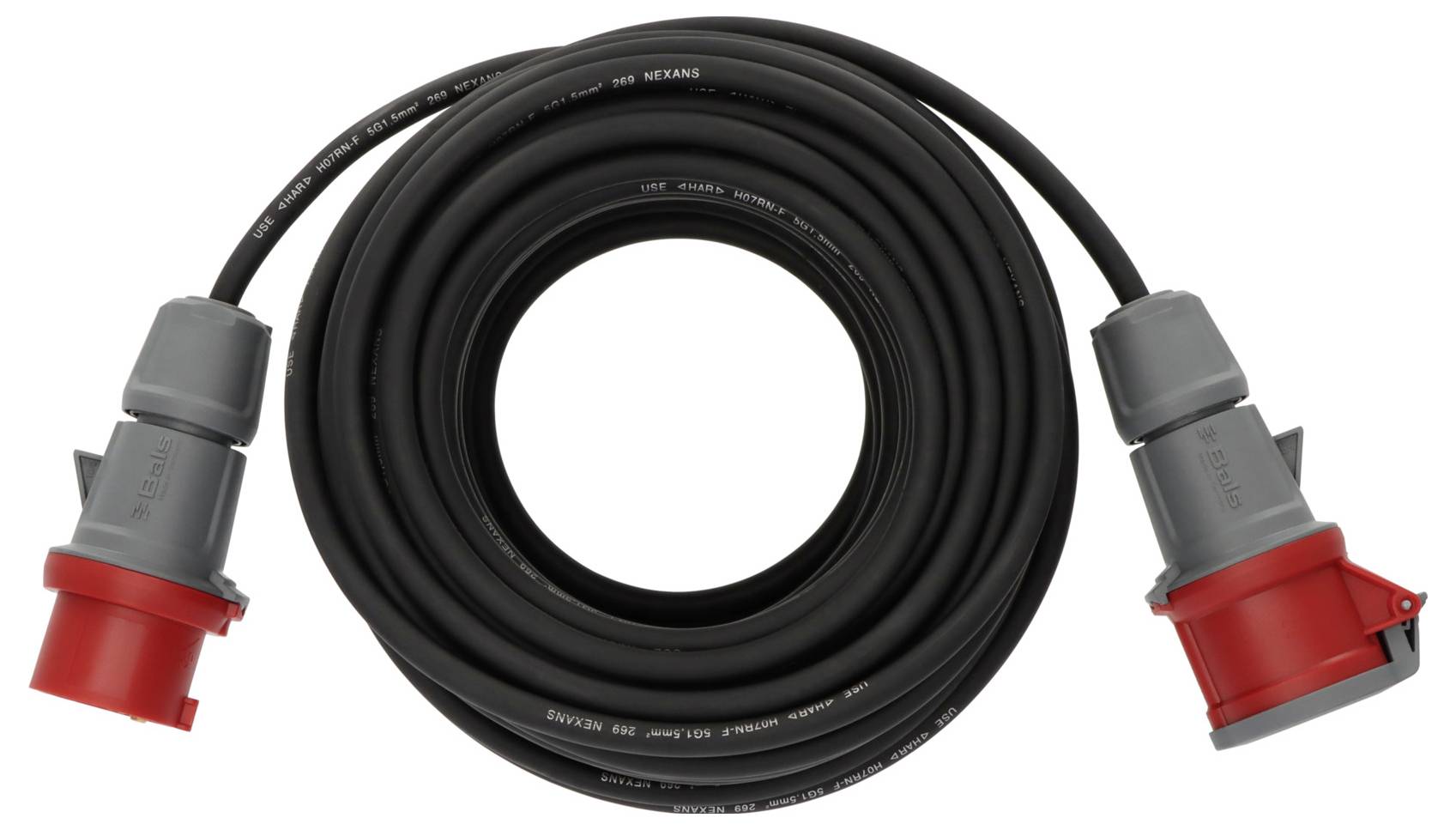 Stočený černý kabel na napájení s červenými průmyslovými konektory na obou koncích, zobrazený na bílém pozadí.