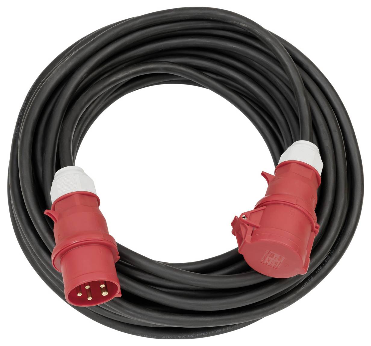 Vinutý černý napájecí kabel s červenými průmyslovými konektory na obou koncích, zobrazený na bílém pozadí.