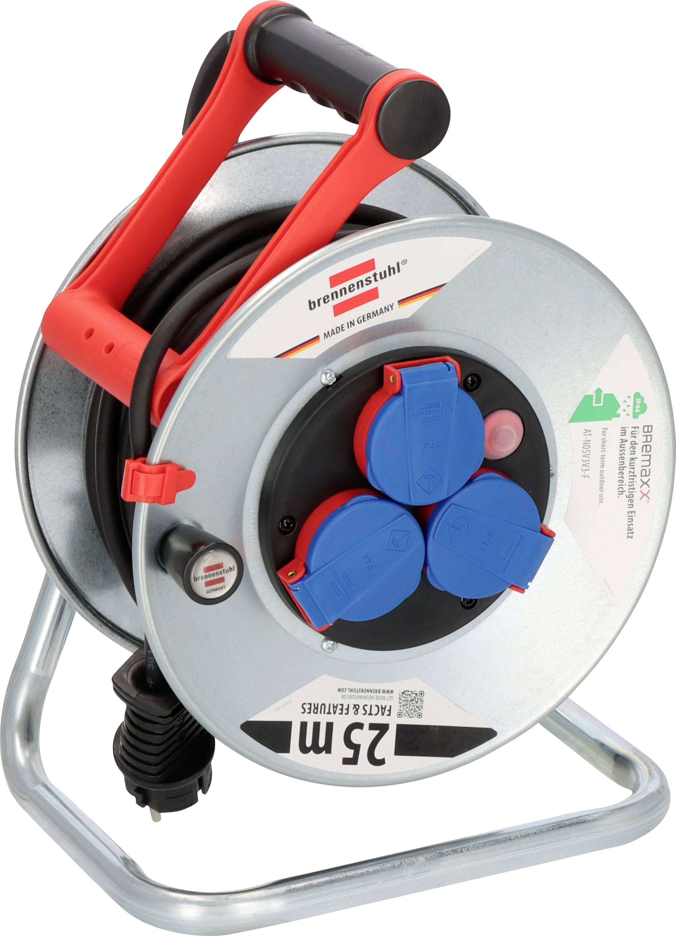 Přenosný buben na kabel s rukojetí, více modrými zásuvkami na energii a svinutým kabelem na kovovém rámu.