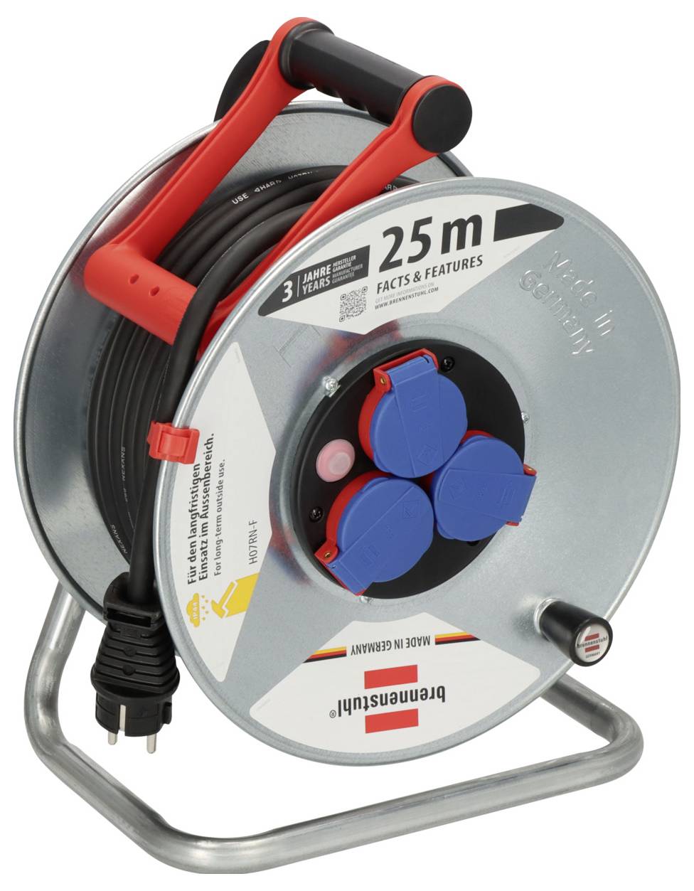 Kompaktní kovový kabel s červeným madlem, černým kabelem a třemi modrými krytkami zásuvek; označený 25 m a 3 roky záruka.