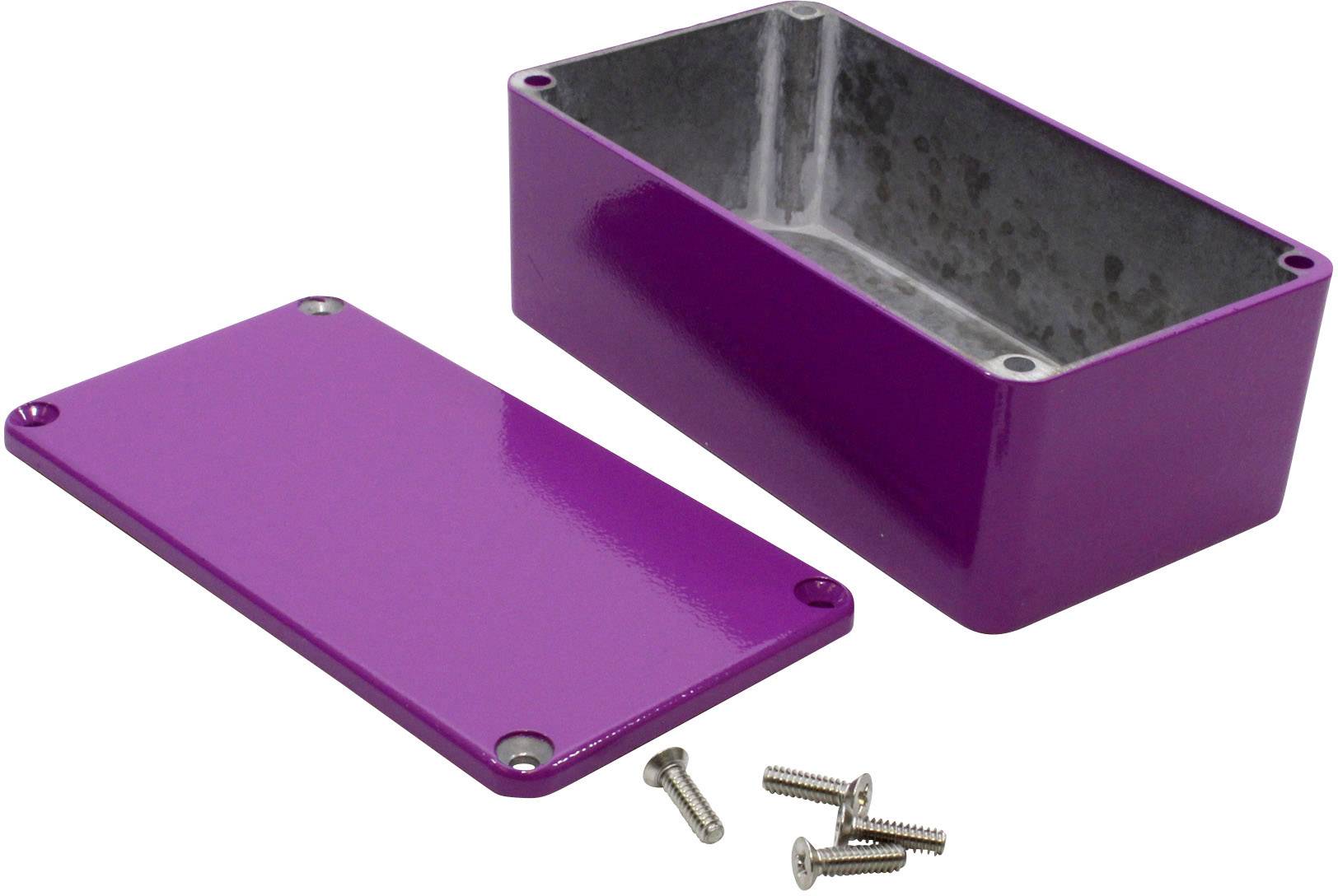 Lila elektronický kovový kryt, otevřený s odděleným víkem a čtyřmi šrouby. Ideální pro DIY projekty nebo ochranu elektroniky.