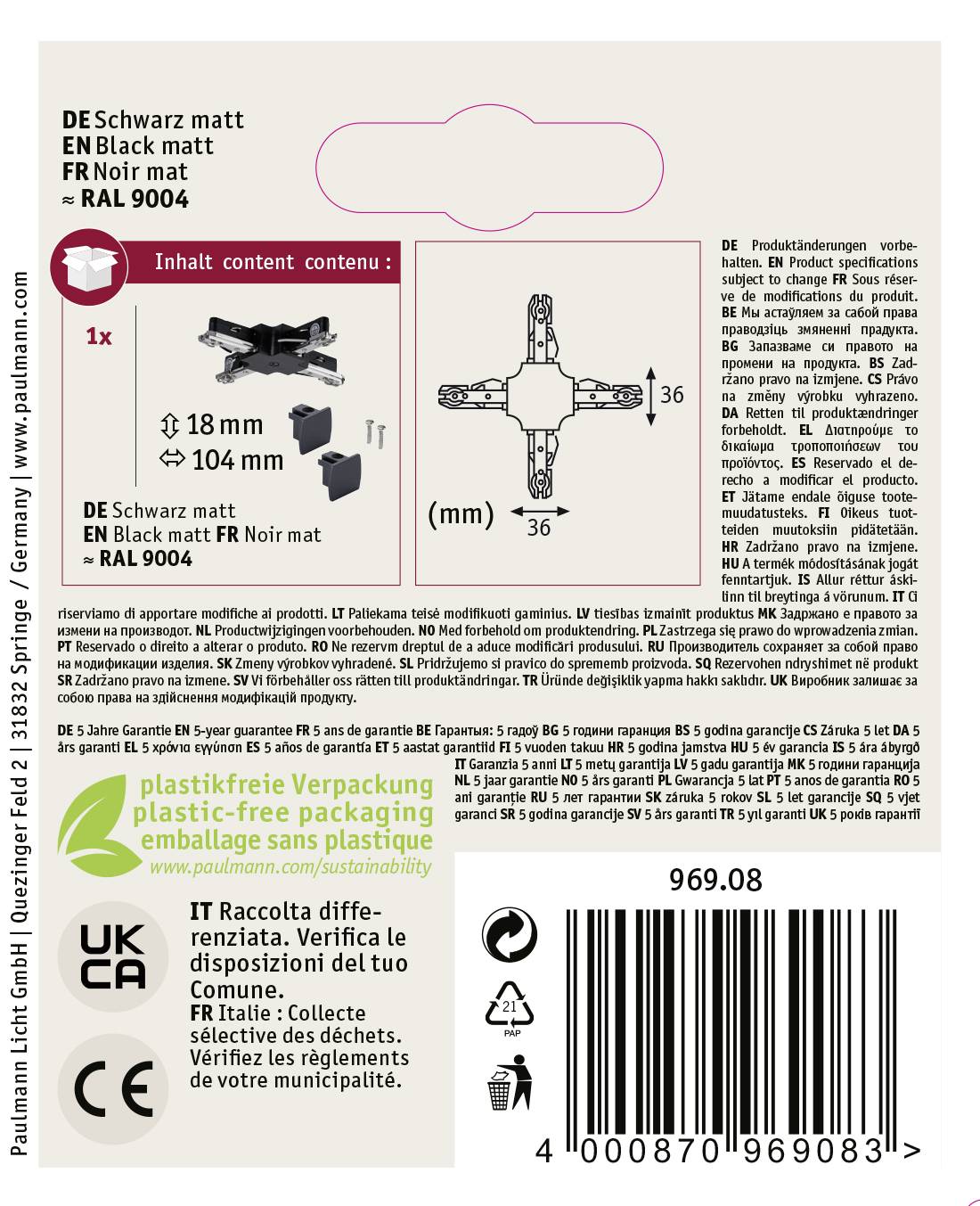 'DE-Černá matná, EN-Black matt, FR-Noir mat.' Obsah ukazuje černý, křížový konektor pro 18mm duté tyče, balení bez plastů.