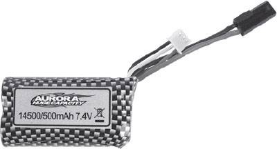 Lithium-iontová baterie s nápisem 'Aurora 14500/500mAh 7.4V', určená pro dálkově ovládané hračky.
