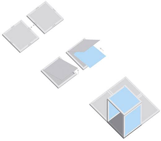 Diagram skládacího procesu: Ukazuje, jak jsou čtyři čtvercové segmenty složeny tak, aby vytvořily otevřenou čtvercovou strukturu.