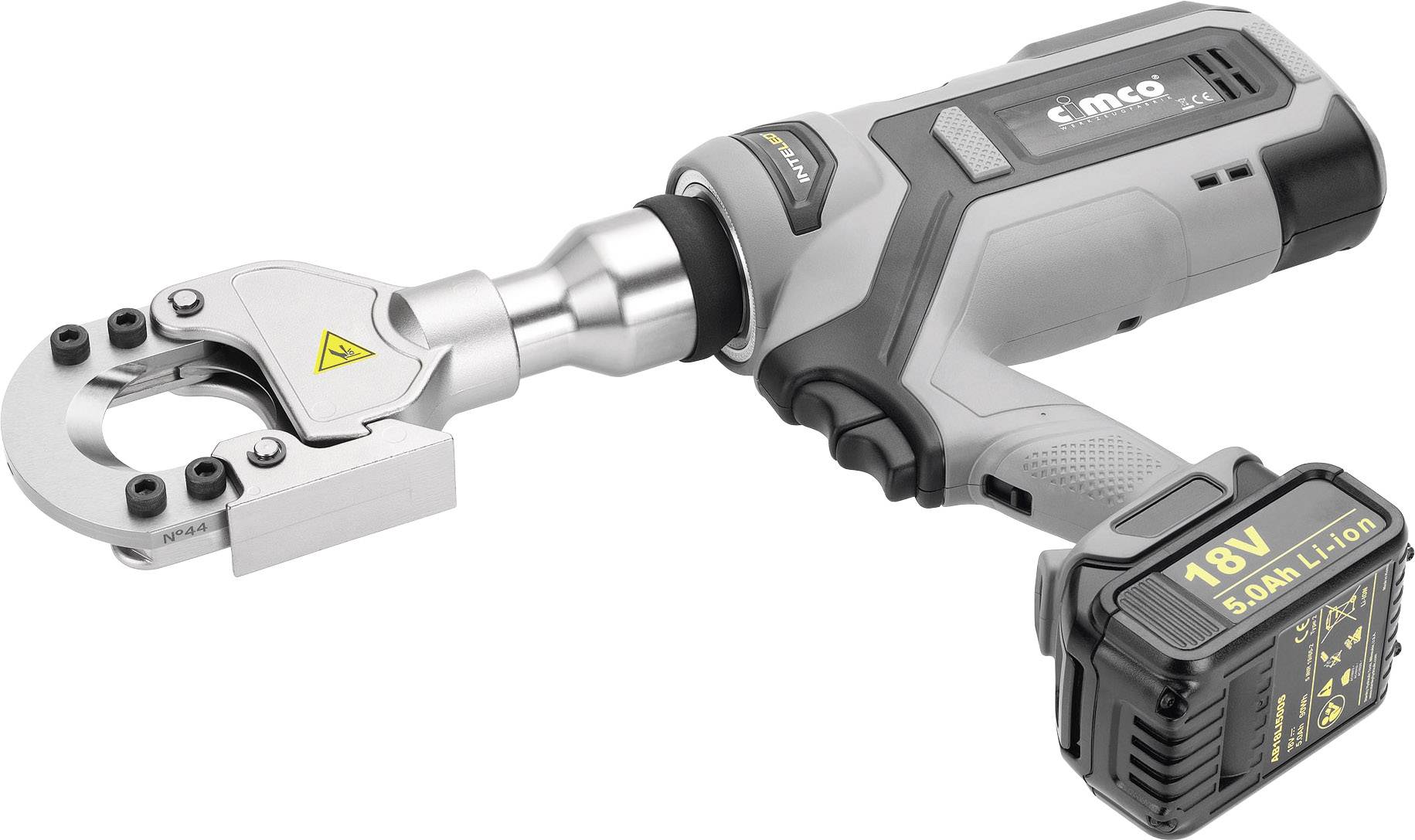 Stříbrná a černá akumulátorová hydraulická lis s žlutým bezpečnostním symbolem, vhodná pro lisování kabelových spojů.