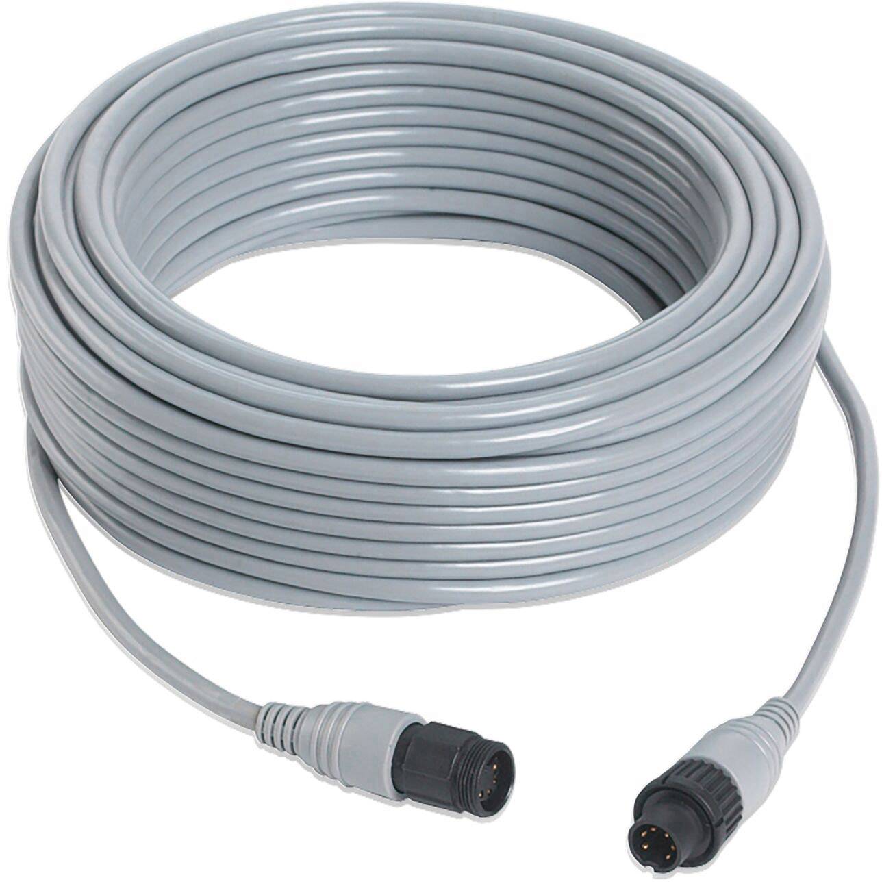 Šedý, navinutý kabel se dvěma černými konektory na koncích, vhodný pro elektronické připojení nebo propojení.