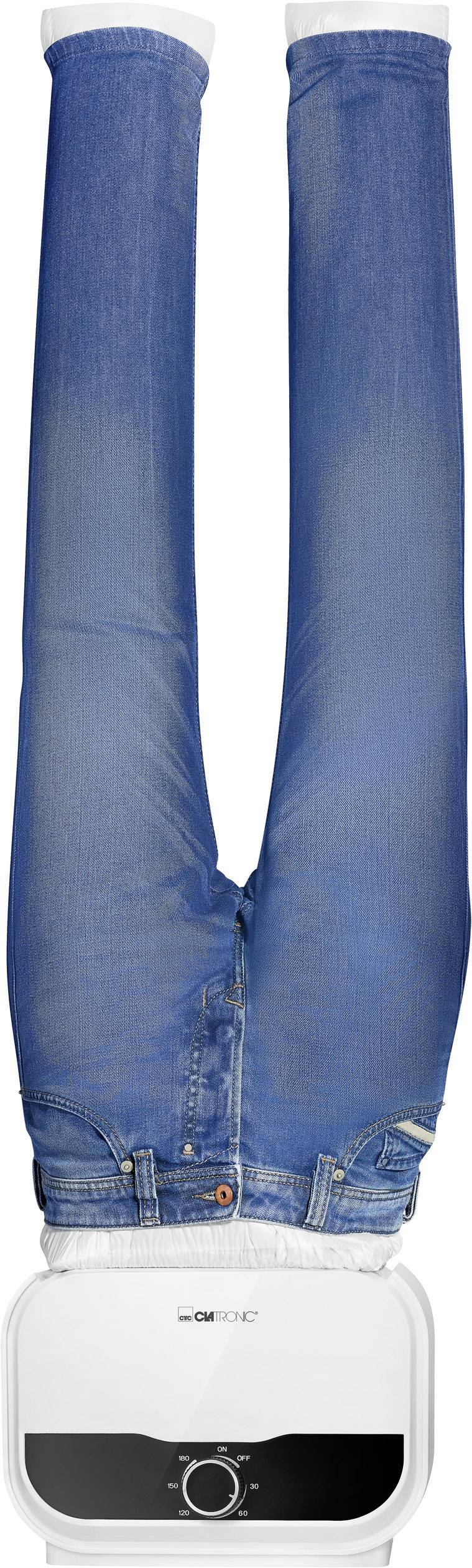 Pračka suší obrácené modré džíny. Džíny jsou napnuté, jako by probíhal proces sušení.