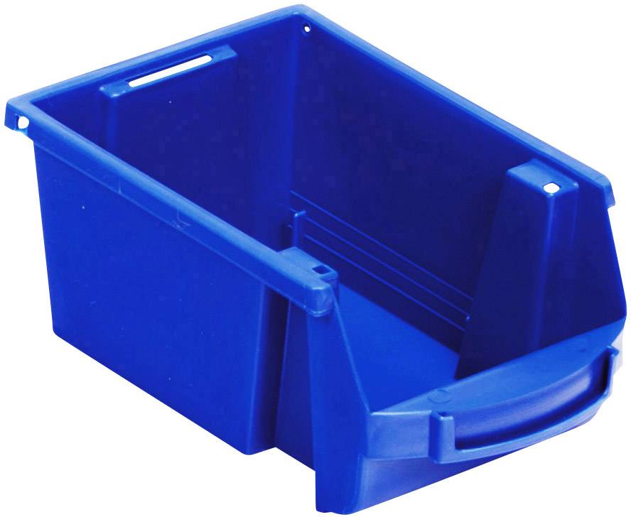 Modrý otevřený plastový kontejner s ergonomickou rukojetí, vhodný pro ukládání a organizaci drobných předmětů.