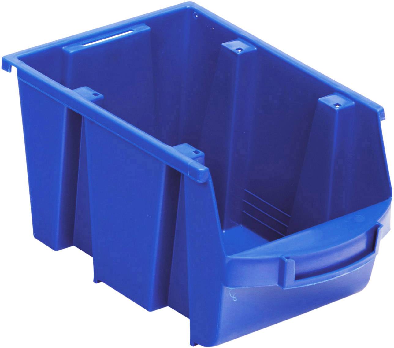 Modrý plastový úložný box s otevřeným přístupem z přední strany. Ideální pro uskladnění nářadí nebo materiálů.