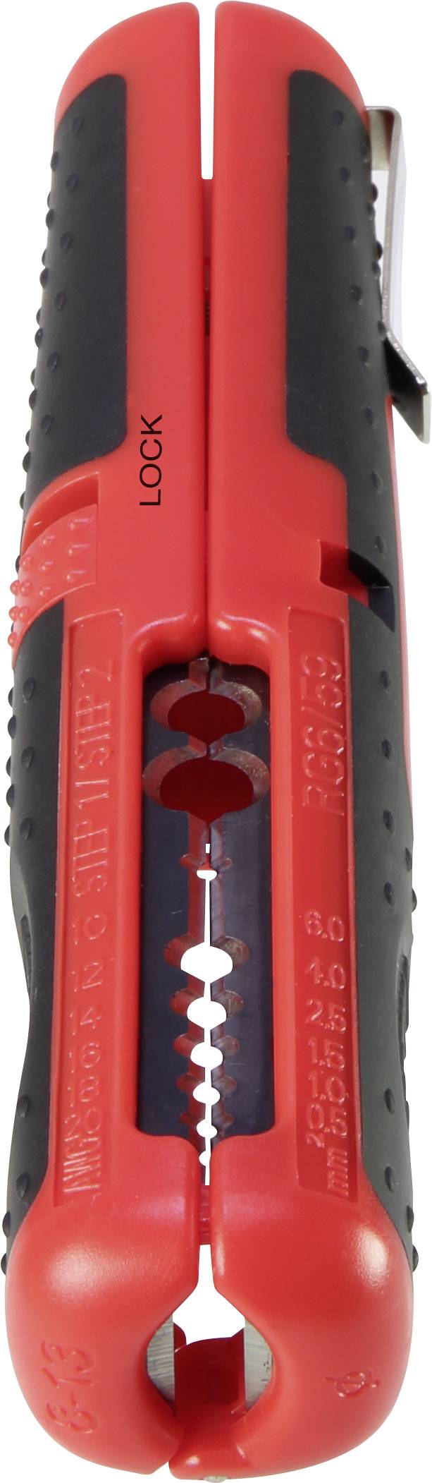 Červené a černé kleště na odstraňování izolace kabelů s uzamykacím mechanismem a různými značkami velikostí drátů na čepeli.