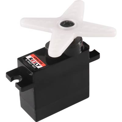 Malý černý servomotor s bílým křížovým ramenem nahoře, vhodný pro mechanické aplikace a robotické projekty.