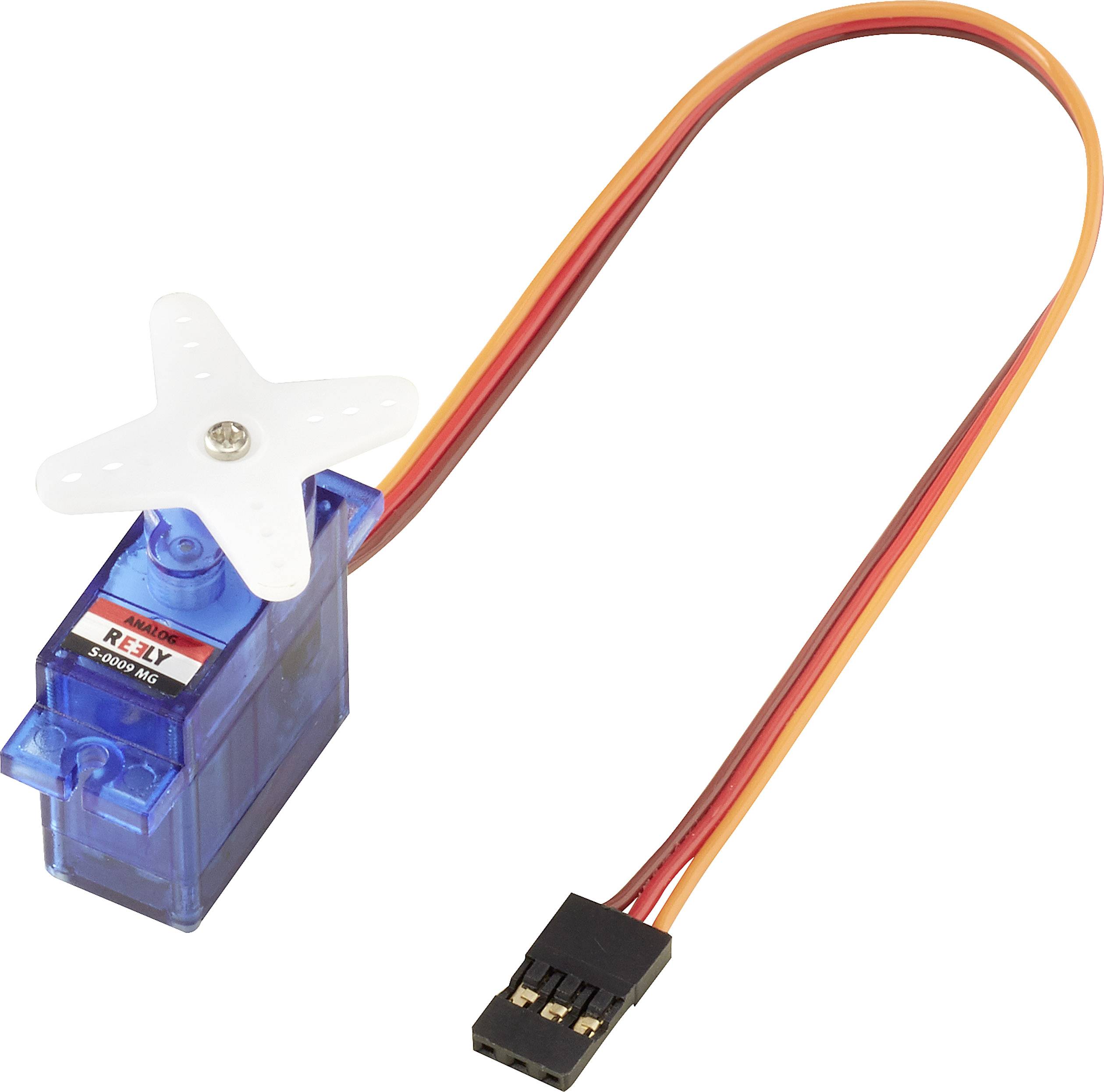 Modrý mini servomotor s bílým křížovým nástavcem a červenými připojovacími kabely. Ideální pro malé elektronické projekty.