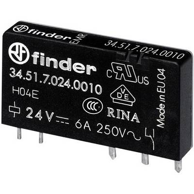 Černé relé od firmy Finder, modelové číslo 34.51.7.024.0010, se specifikacemi: 24V, 6A, 250V, „Vyrobeno v EU".