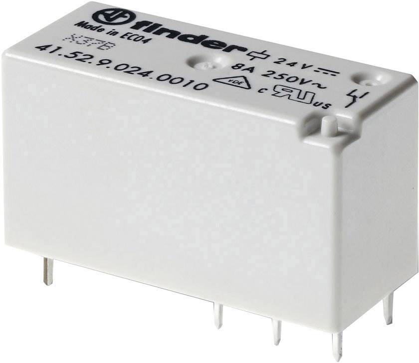 Relé Finder, model 41.52, 24V, 8A, 250V AC, s označením shody EU a certifikací UL.
