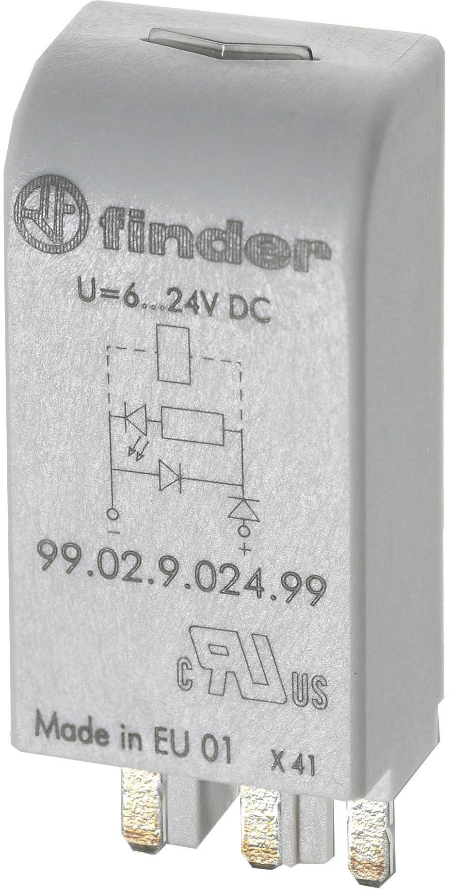 Šedé relé Finder, modelové číslo 99.02.9.024.99, vhodné pro 6 až 24 V DC, s elektrickými spínacími symboly, vyrobené v EU.