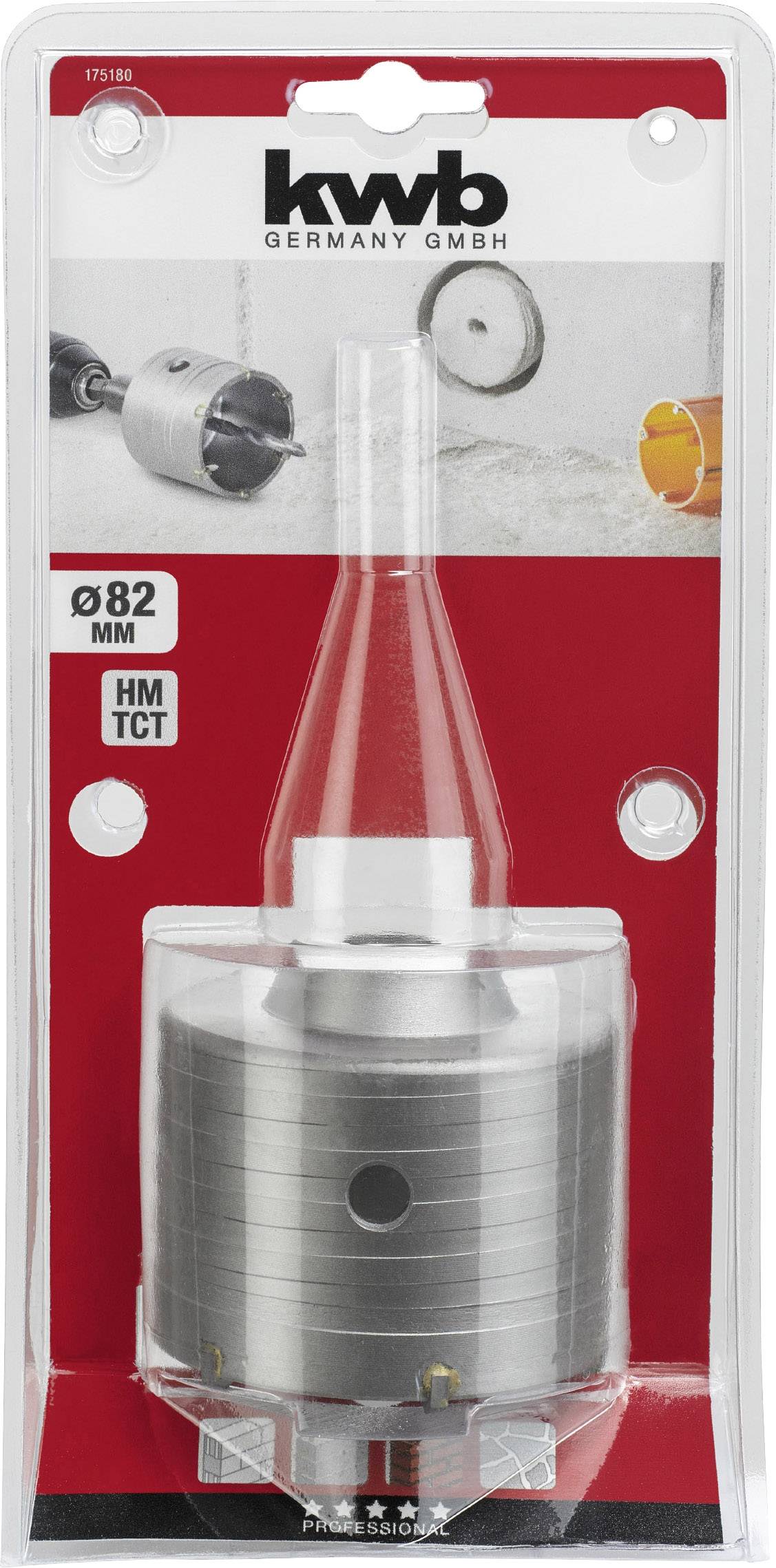 Obal sady děrovací pily od kwb Germany GmbH, Ø82 mm, HM TCT, s obrázkem použití v pozadí.