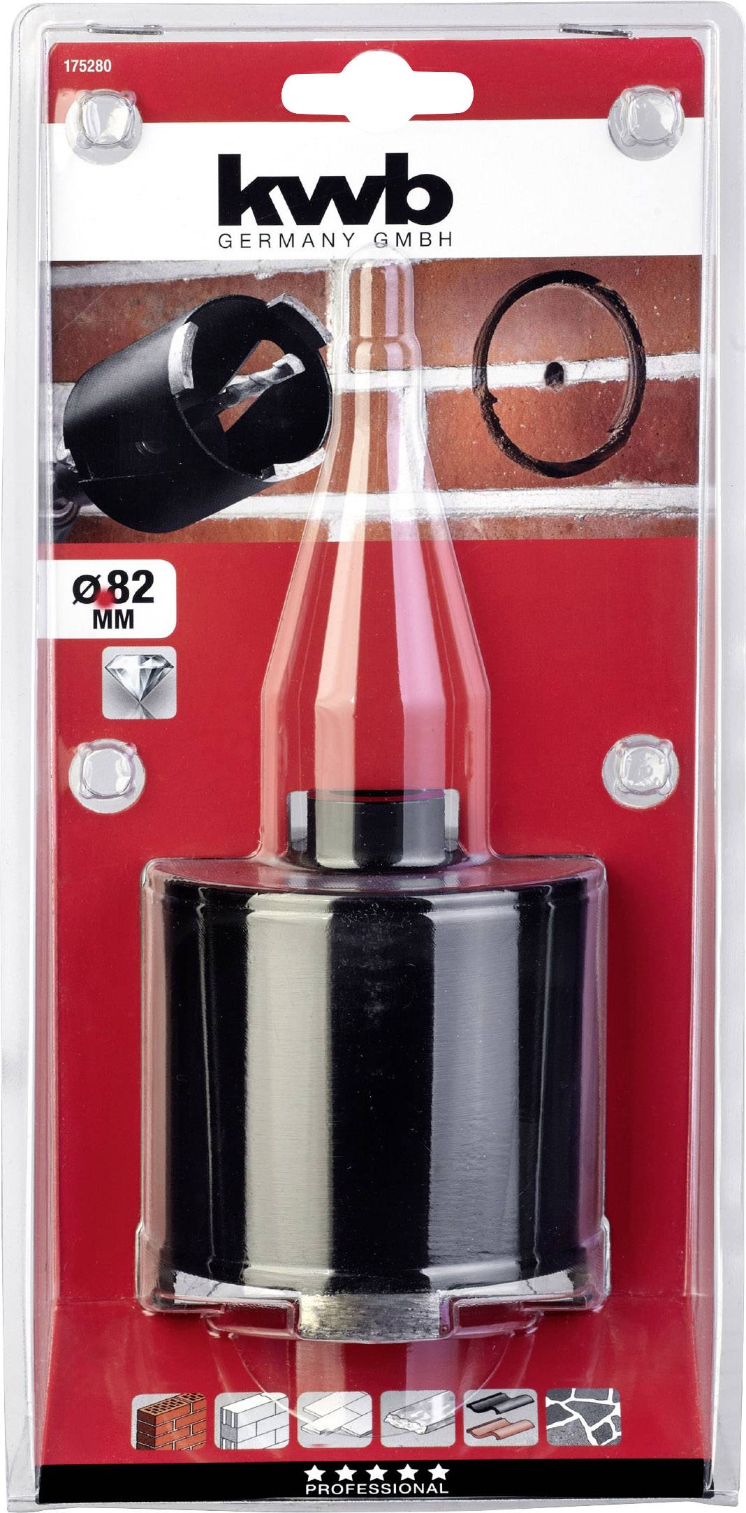Obal pro sadu děrovacích pil od 'kwb GERMANY GMBH' s pilou o průměru 82 mm, vhodnou pro vrtání otvorů v cihlových stěnách.