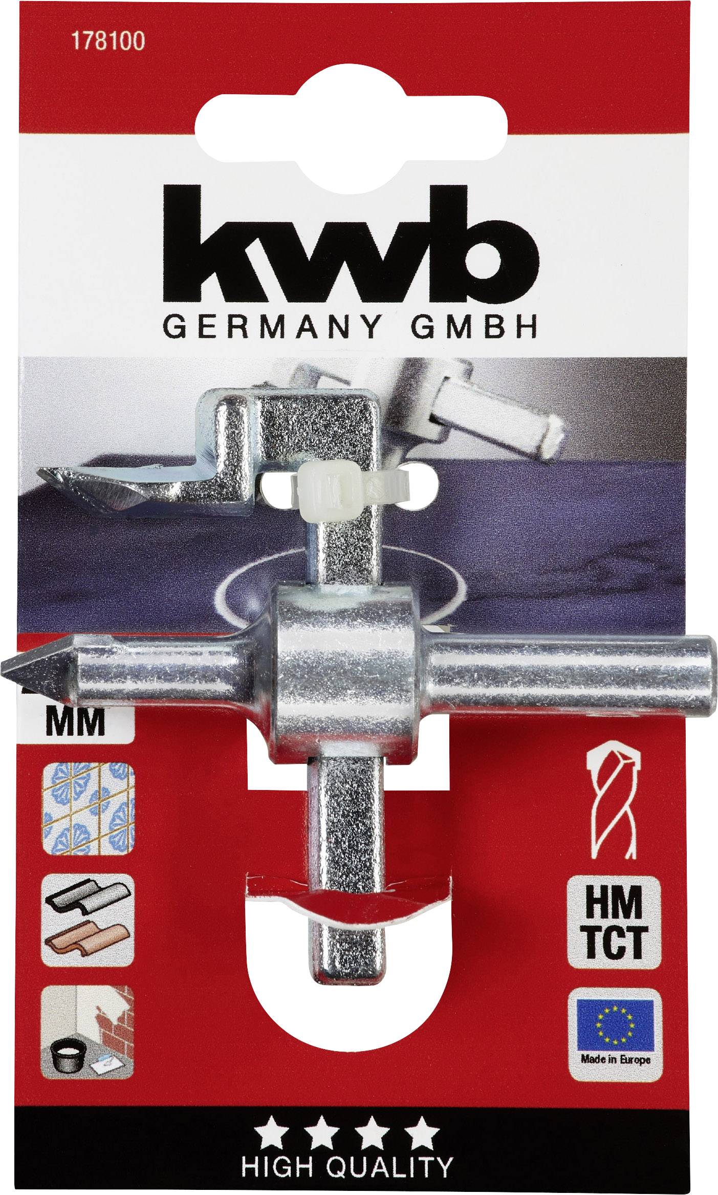 Vrták od 'kwb Germany GmbH', stříbrné barvy, na červeném kartonu s produktovými informacemi. Vyrobeno v Evropě.