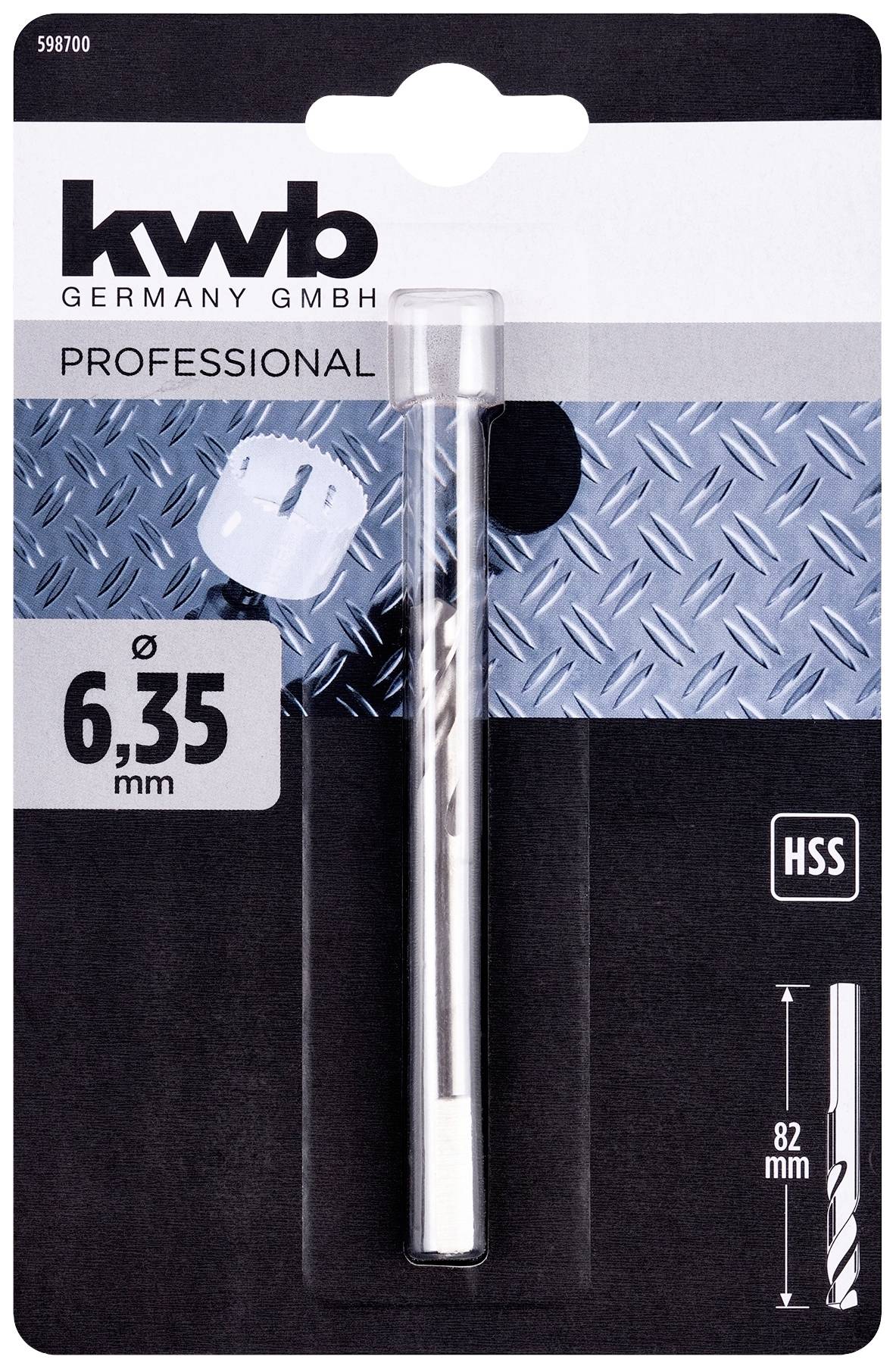 'Kwb Germany GmbH' HSS vrták na kov, průměr 6,35 mm, délka 82 mm, vyobrazený v obalu s šedým pozadím.