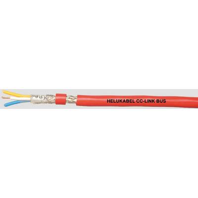 Červený kabel s nápisem 'HELUKABEL CC-LINK BUS'. Konec kabelu ukazuje izolované vodiče v žluté, bílé a modré barvě.