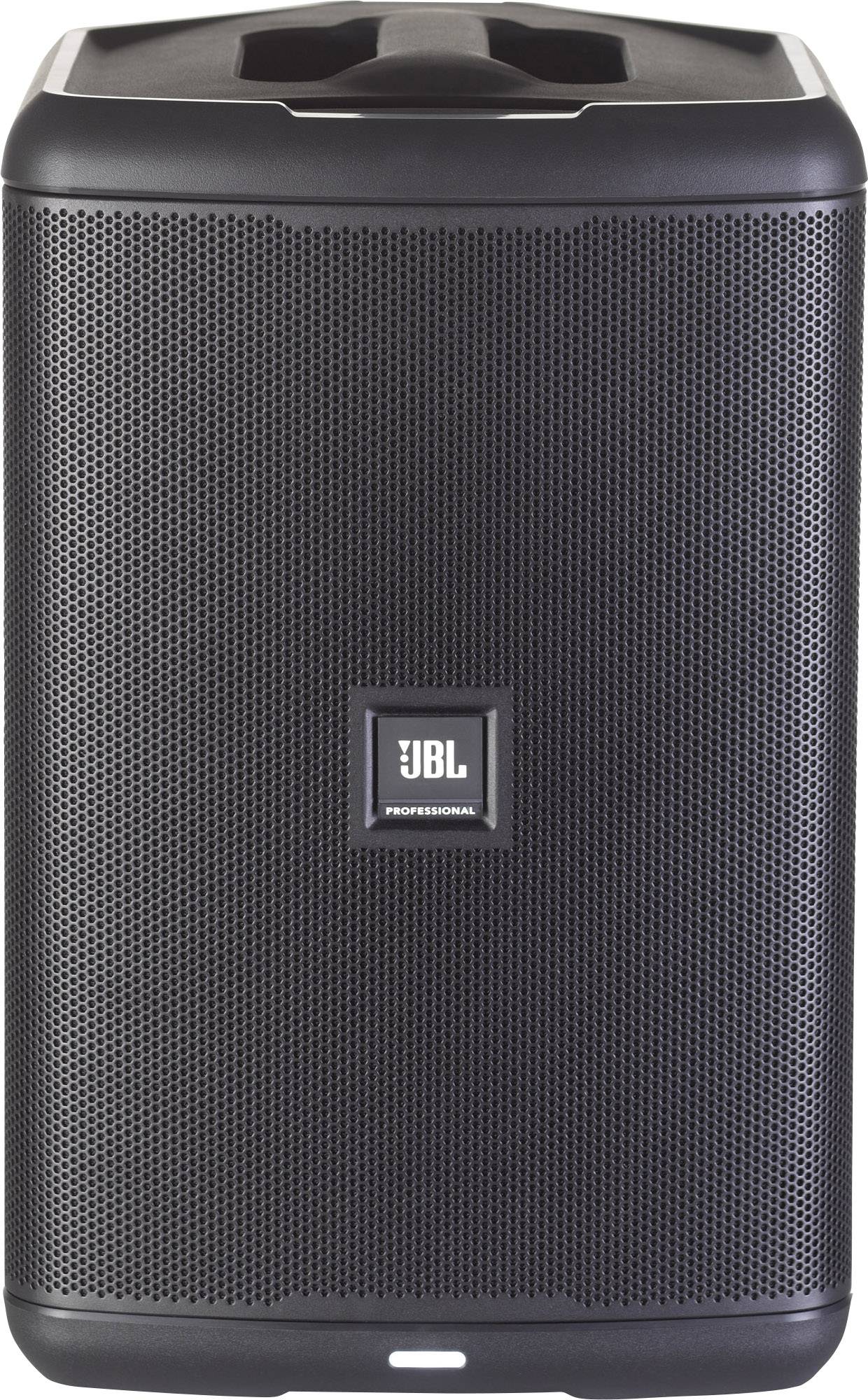 Černý přenosný reproduktor s logem JBL, robustní design. Ideální pro akce ve vnitřních i venkovních prostorách.
