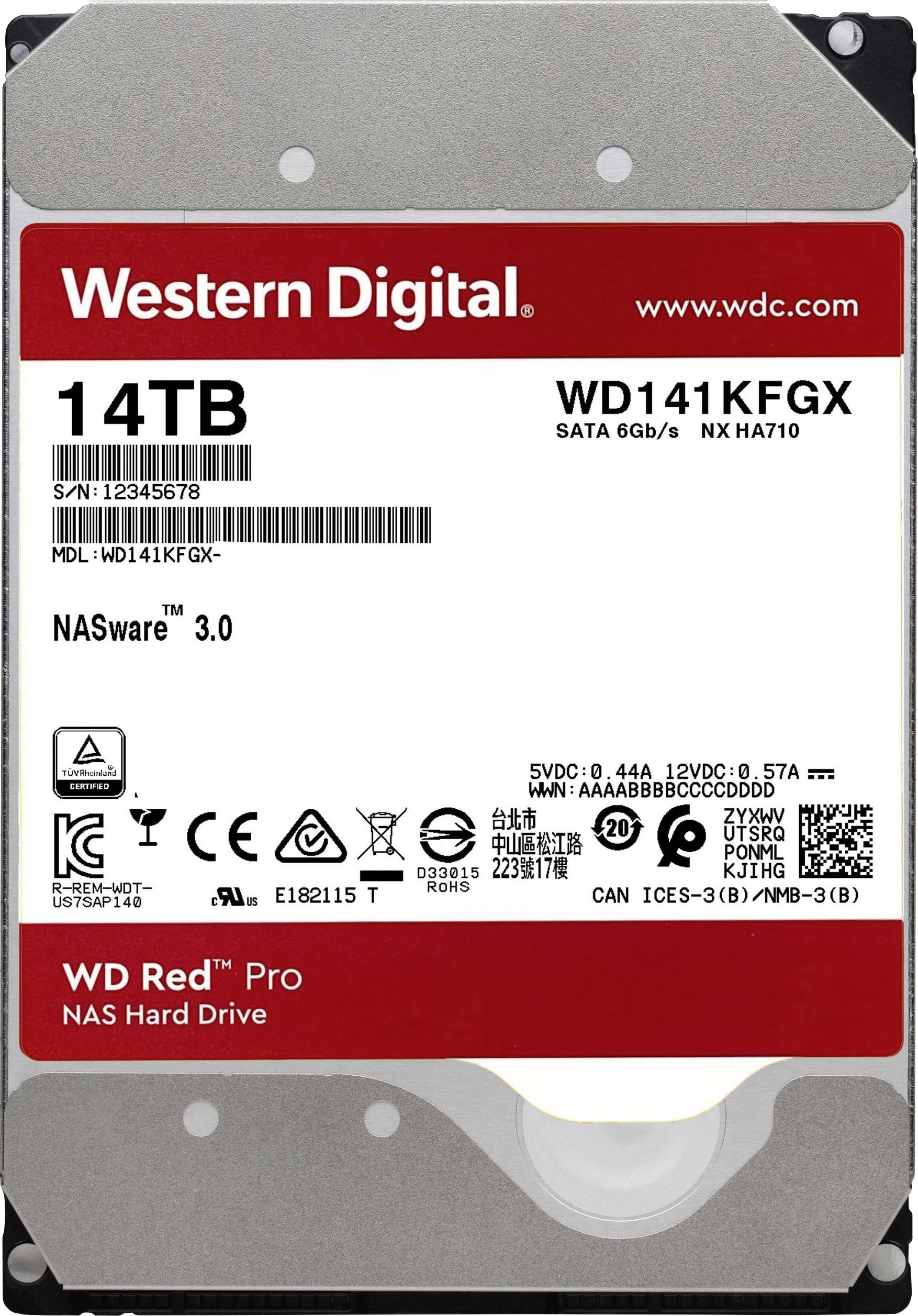 WD Red Pro 14TB síťový úložný disk NAS, SATA 6Gb/s, model WD141KFGX zobrazuje technické specifikace a údaje výrobce na štítku.