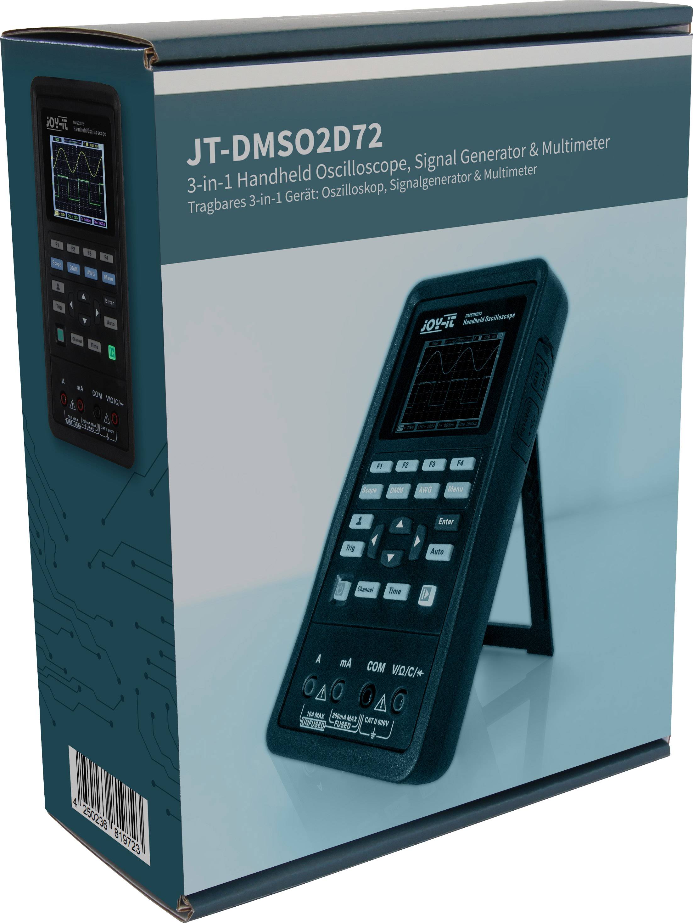 JT-DMSO2D72: Přenosné 3-in-1 zařízení zobrazuje osciloskop, generátor signálu a multimetr na obalu s obrázkem produktu.