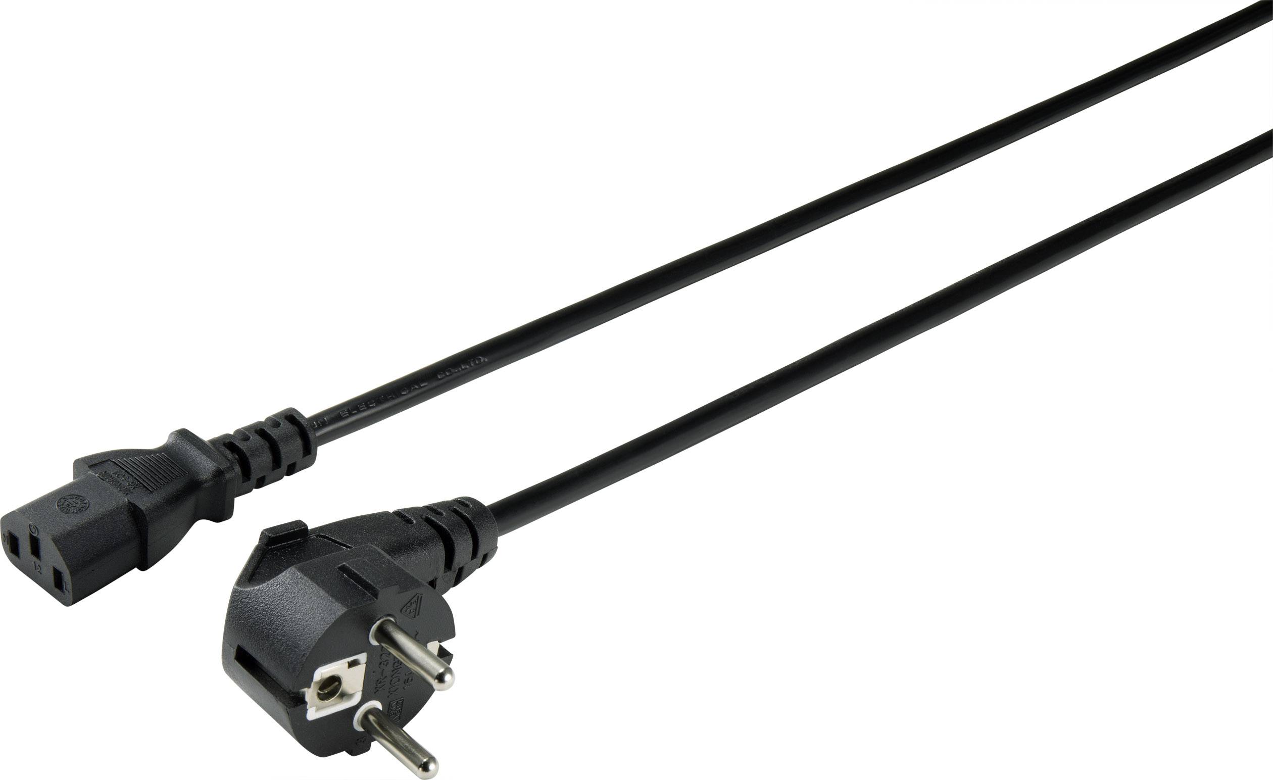 Černý síťový kabel se Schuko zástrčkou a zásuvkou IEC C13, vhodný pro připojení počítačů nebo jiných elektronických zařízení.