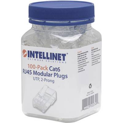 Plastová dóza se 100 kusy modulárních RJ45 konektorů Cat6 od společnosti Intellinet pro síťová řešení, na bílém pozadí.