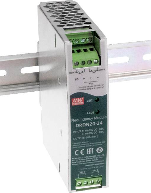 Redundantní modul DRDN20-24-24 se zelenými konektory a LED indikátory, namontovaný na DIN liště.