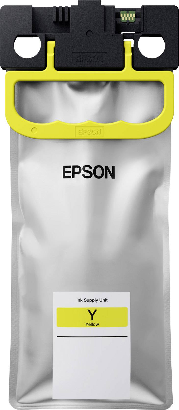 Žlutá inkoustová kazeta Epson s černým a žlutým uzávěrem. Text na kazetě: "Ink Supply Unit", "Yellow".