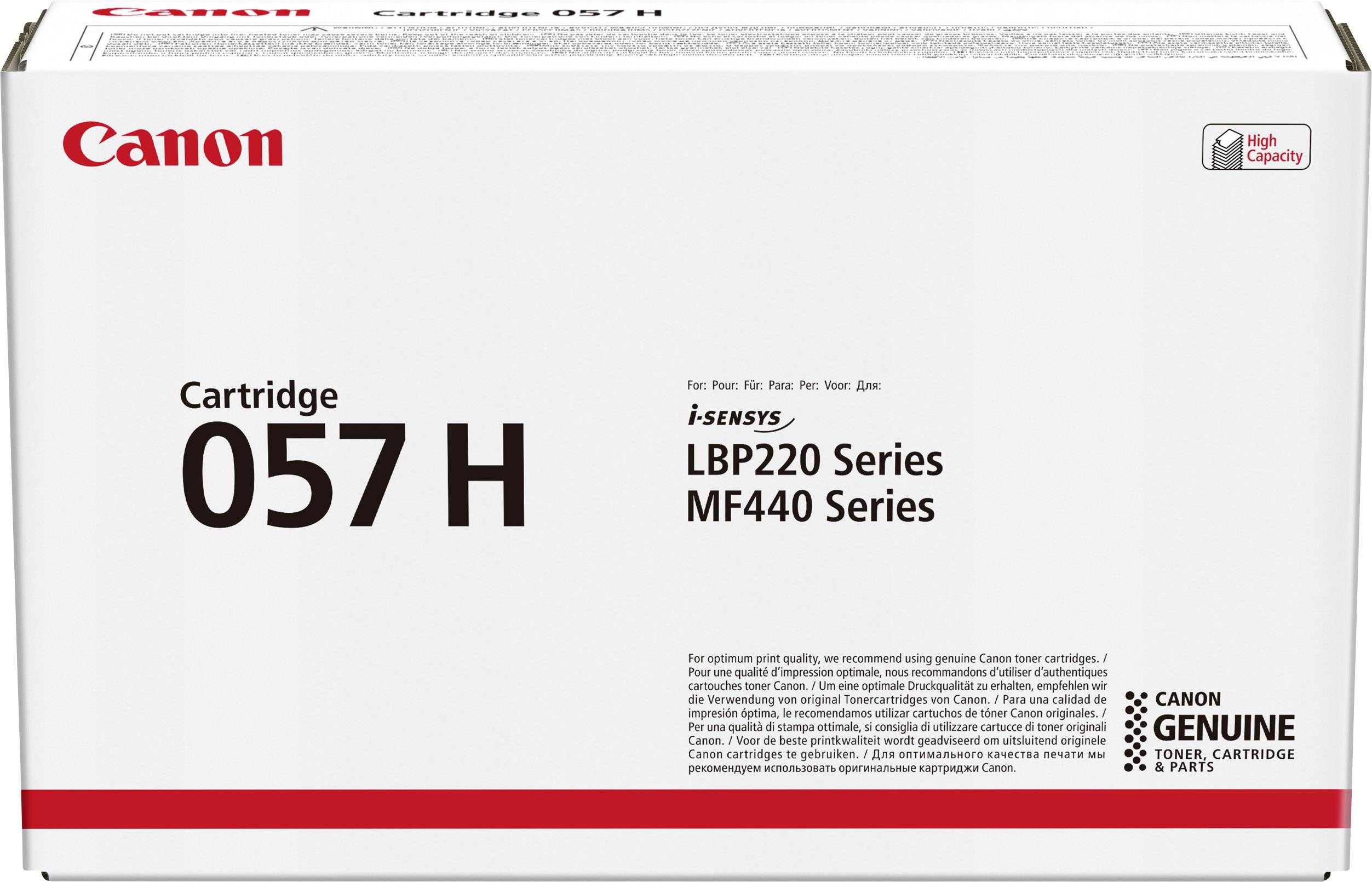 Canon 057 H tonerová kazeta pro řady LBP220 a MF440, s vysokou kapacitou, v bílém balení.