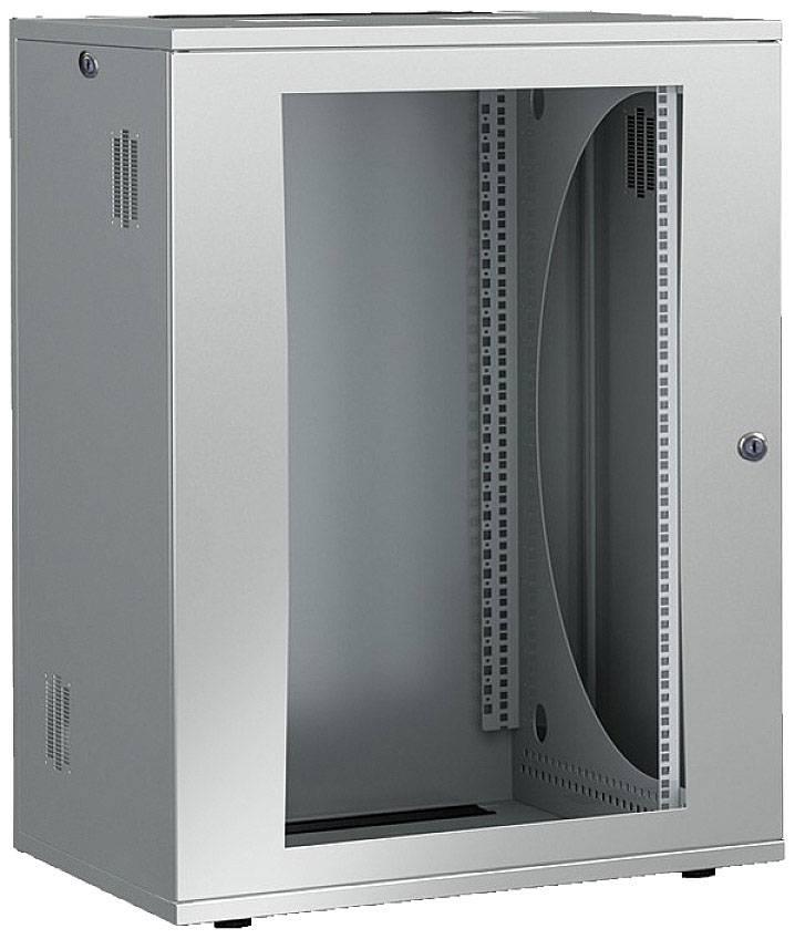 Šedý, stacionární serverový rack s průhlednými předními dveřmi, vhodný pro umístění síťového zařízení v kancelářských prostorách.