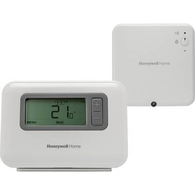 Digitální termostat ukazuje 21°C a má tlačítka pro nastavení. Má obdélníkový bílý design; pod ním je logo společnosti Honeywell Home.
