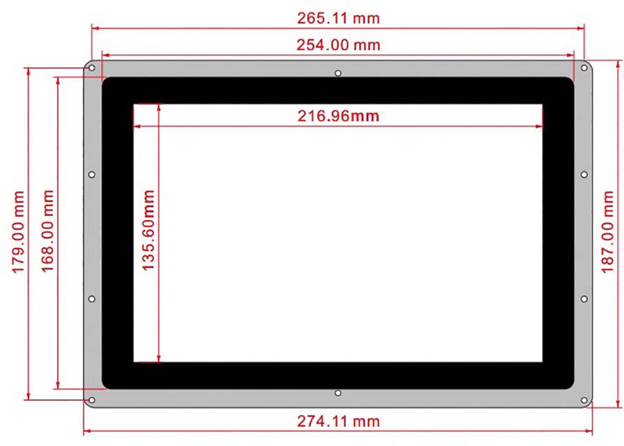 Rozměry pravoúhlého výřezu: šířka 216,96 mm, výška 135,60 mm. Celková šířka 265,11 mm, celková výška 187,00 mm.