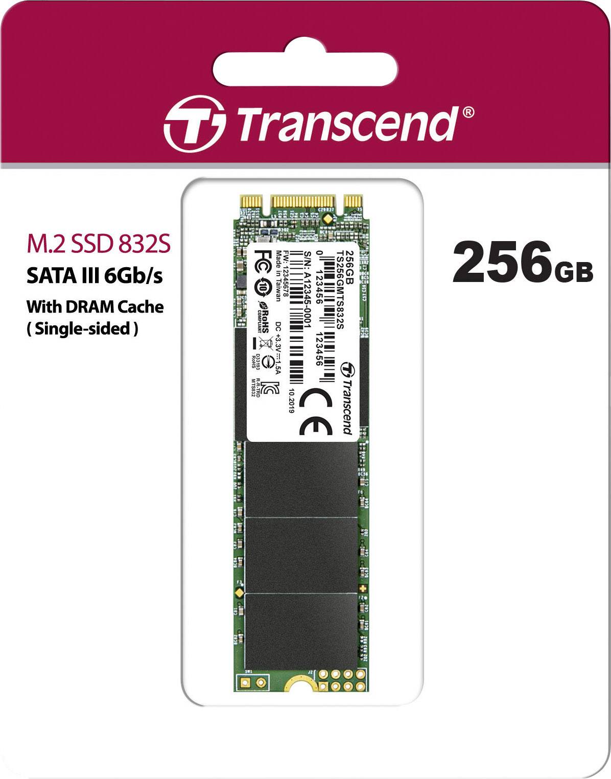 M.2 SSD 832S od společnosti Transcend, 256 GB kapacita, SATA III 6 Gb/s, s DRAM mezipaměťí, jednostranný design, zobrazený na obalu produktu.