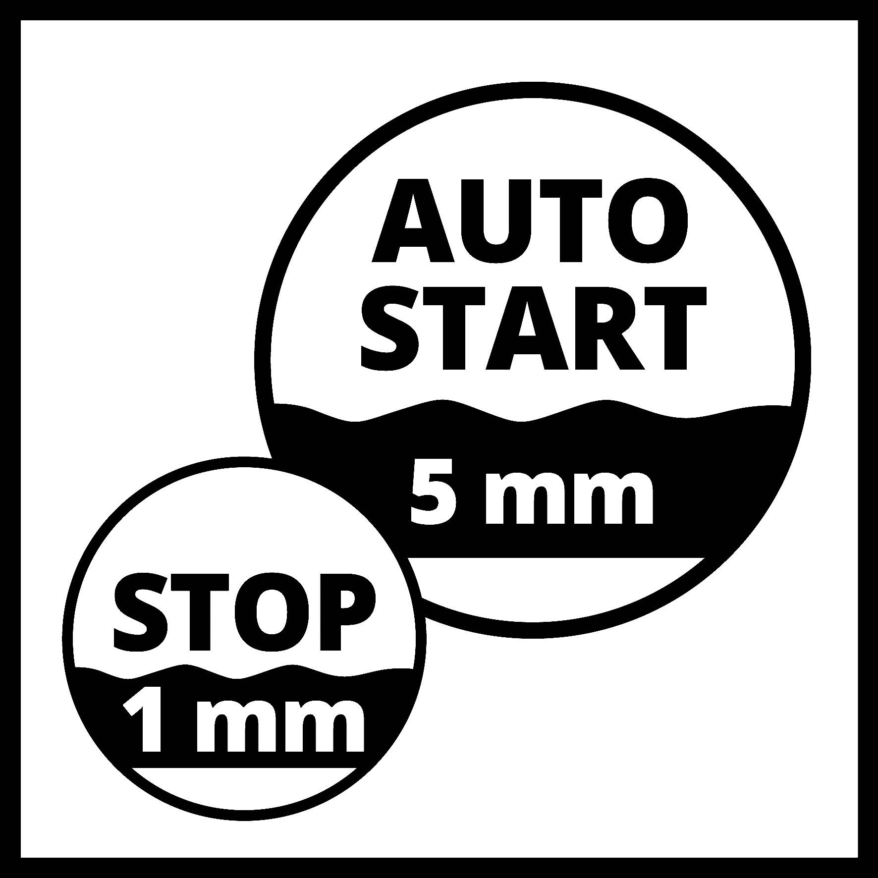 Symboly kruhu pro 'Auto Start' a 'STOP' s čísly '5 mm' a '1 mm', které poukazují na ukazatele vodní hladiny.